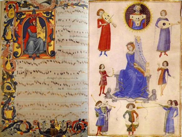 Miniature of Francesco Landini in Codex Squarcialupi (I-Fl Med. Pal. 87, fol. 121v; c1410–15) & representation of "Lady Music" with alta and bassa instruments.